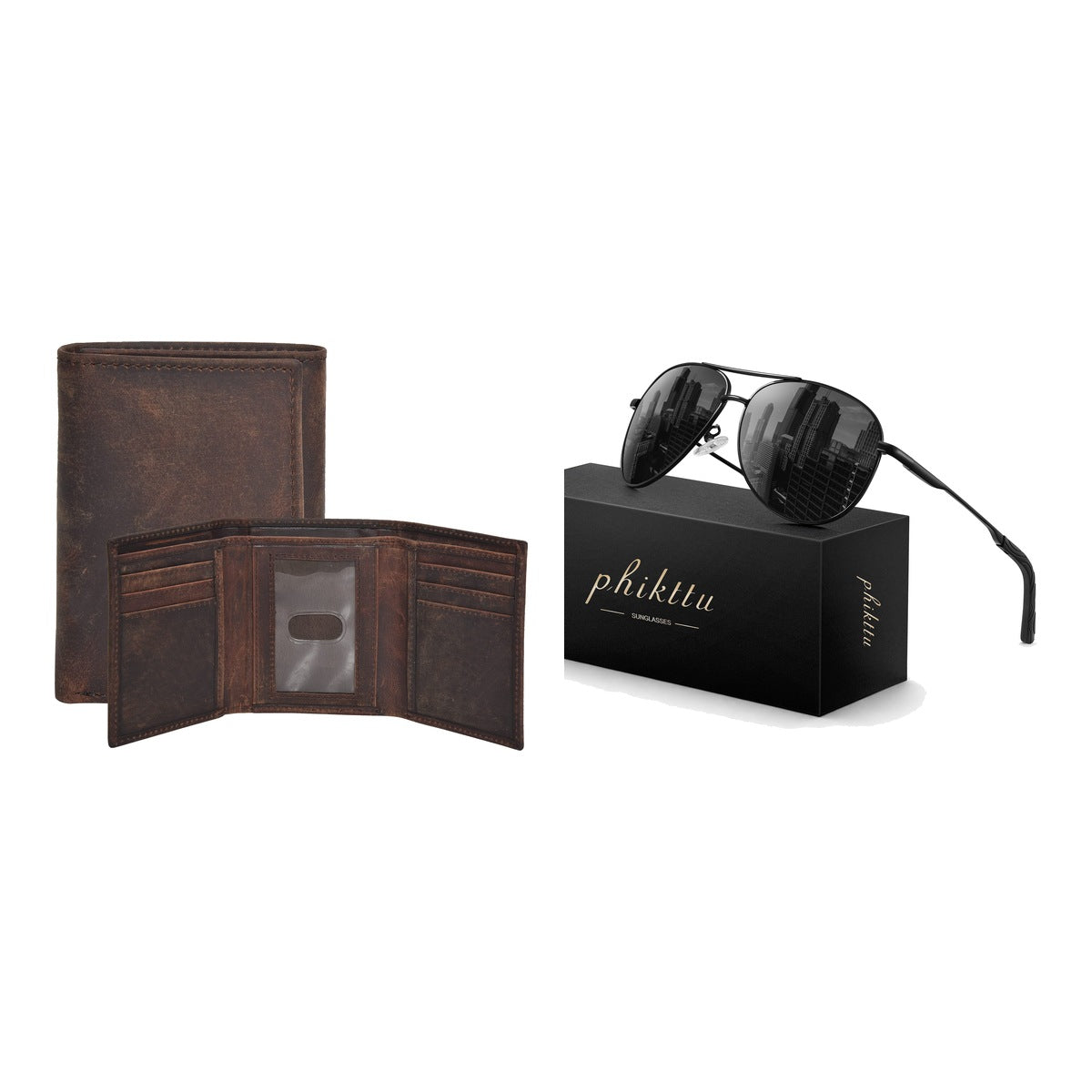 Men's Classic Gift Set: Brown Leather Trifold Wallet RFID + Black Polarized Aviator Sunglasses