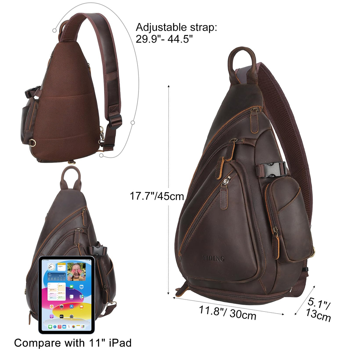 Full Grain Leather Sling Chest Bag for Men, Large Crossbody Shoulder Daypack, Fits 11 in Tablet, Brown