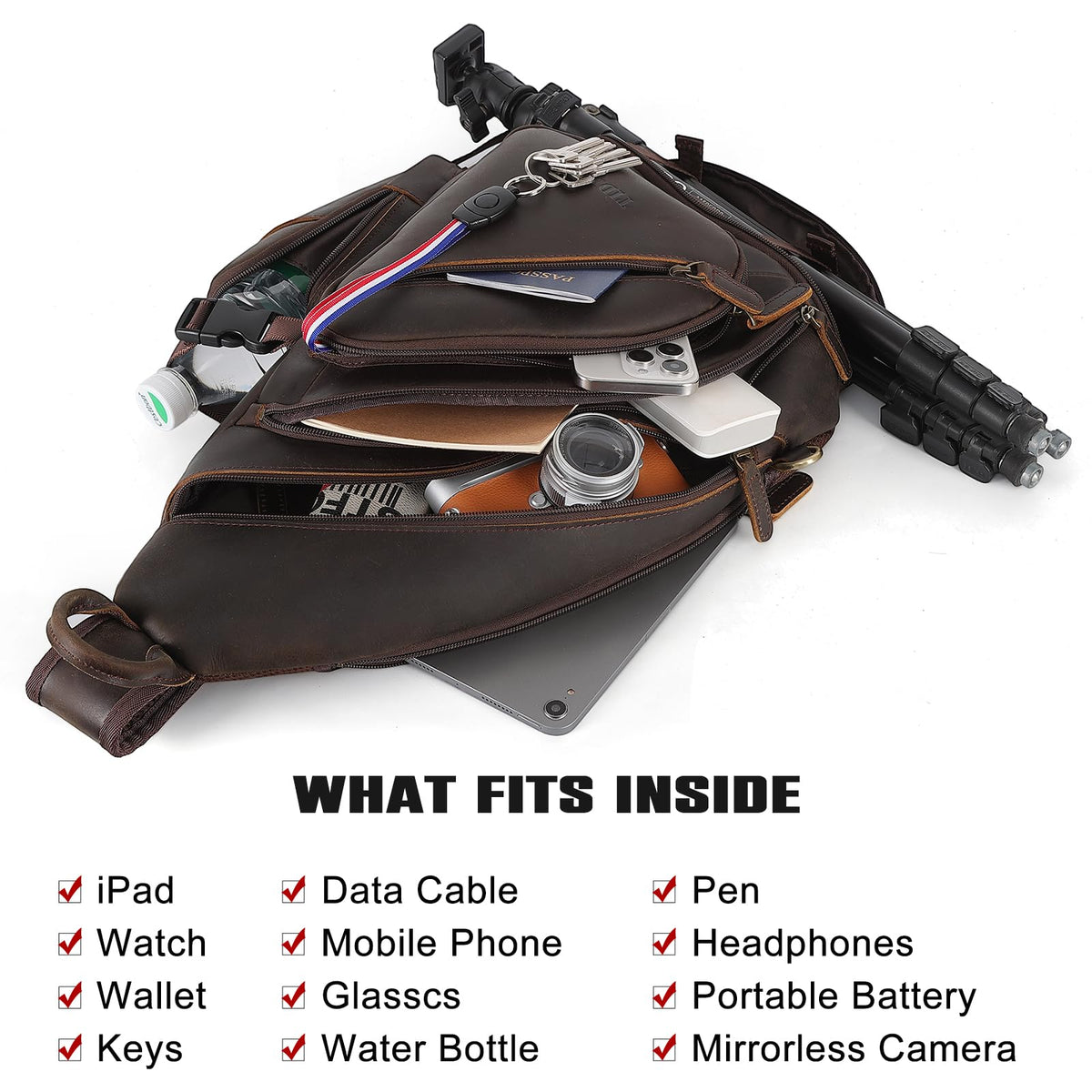 Full Grain Leather Sling Chest Bag for Men, Large Crossbody Shoulder Daypack, Fits 11 in Tablet, Brown