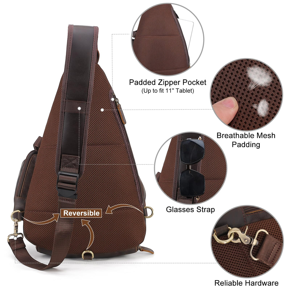 Full Grain Leather Sling Chest Bag for Men, Large Crossbody Shoulder Daypack, Fits 11 in Tablet, Brown