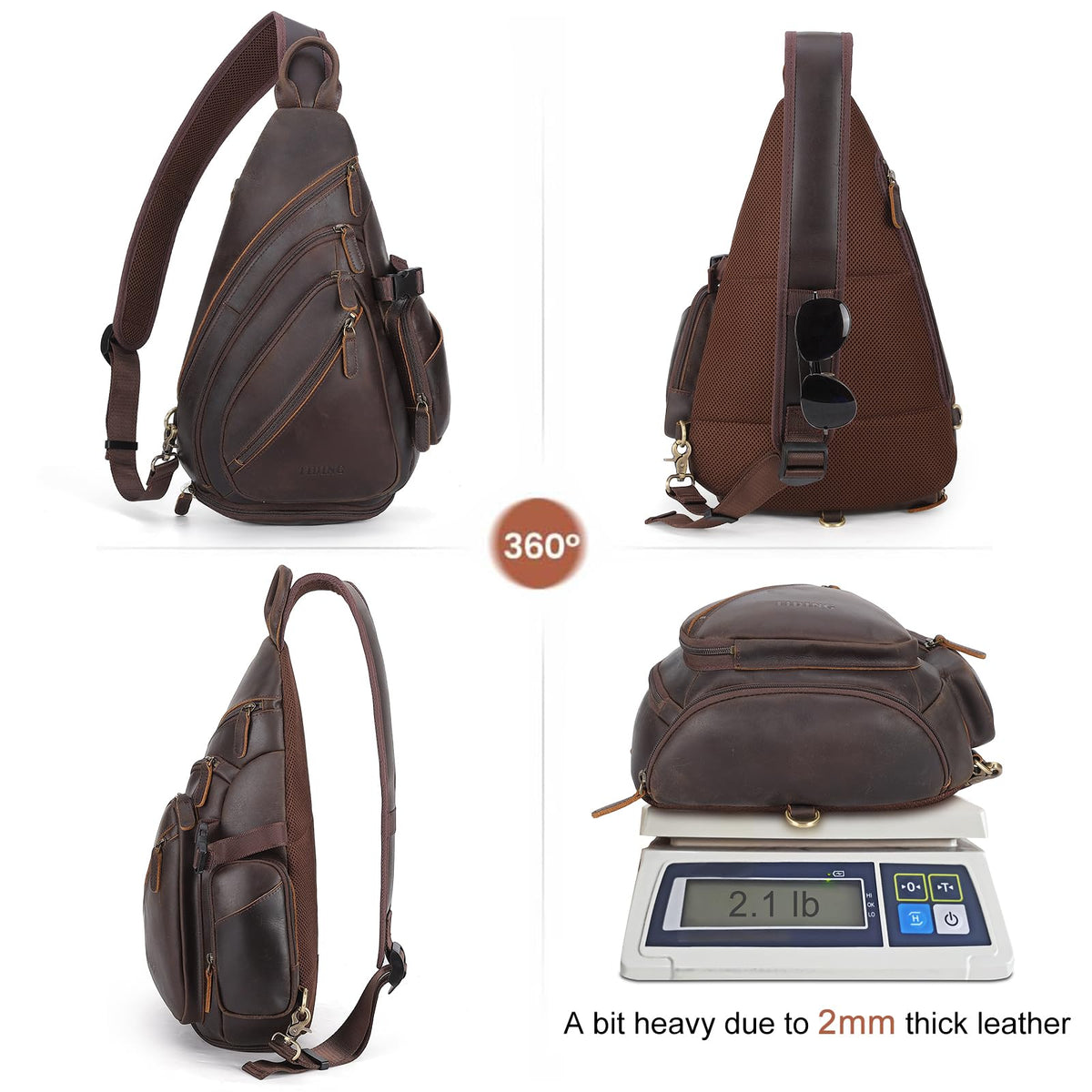 Full Grain Leather Sling Chest Bag for Men, Large Crossbody Shoulder Daypack, Fits 11 in Tablet, Brown