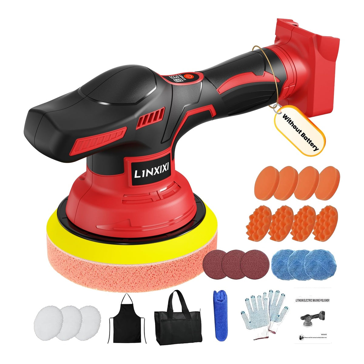 Cordless Car Polisher 6 in, 8 Variable Speed Buffer with 26 Pc Polishing Pad Kit, 18V Tool Only