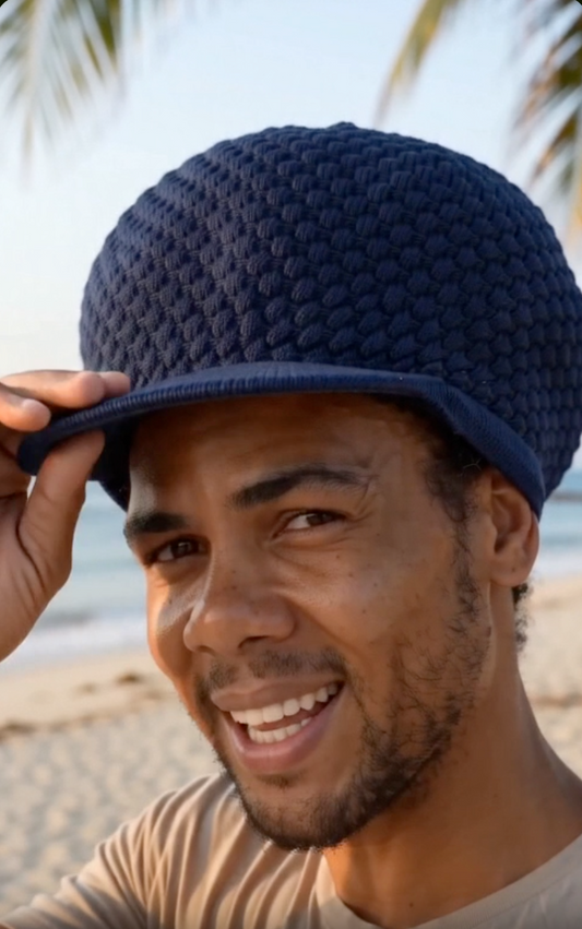 Navy Blue Rasta Knit Cap — XL Cotton Dreadlock Hat with Brim