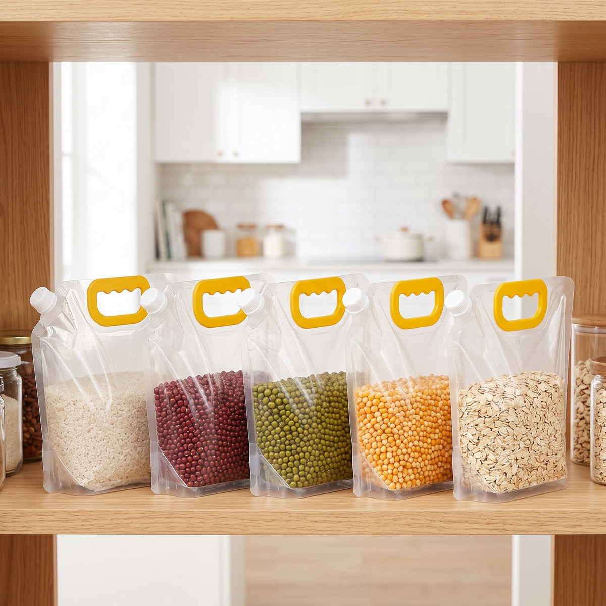 Airtight Grain Storage Bags with Handle, 5 Pack Stand-Up Food Storage Pouches for Rice, Flour & Beans