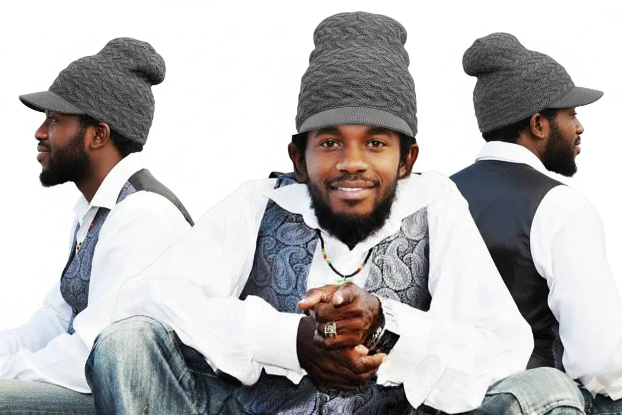 Gray Rasta Knit Cap — XL Cotton Dreadlock Hat with Brim