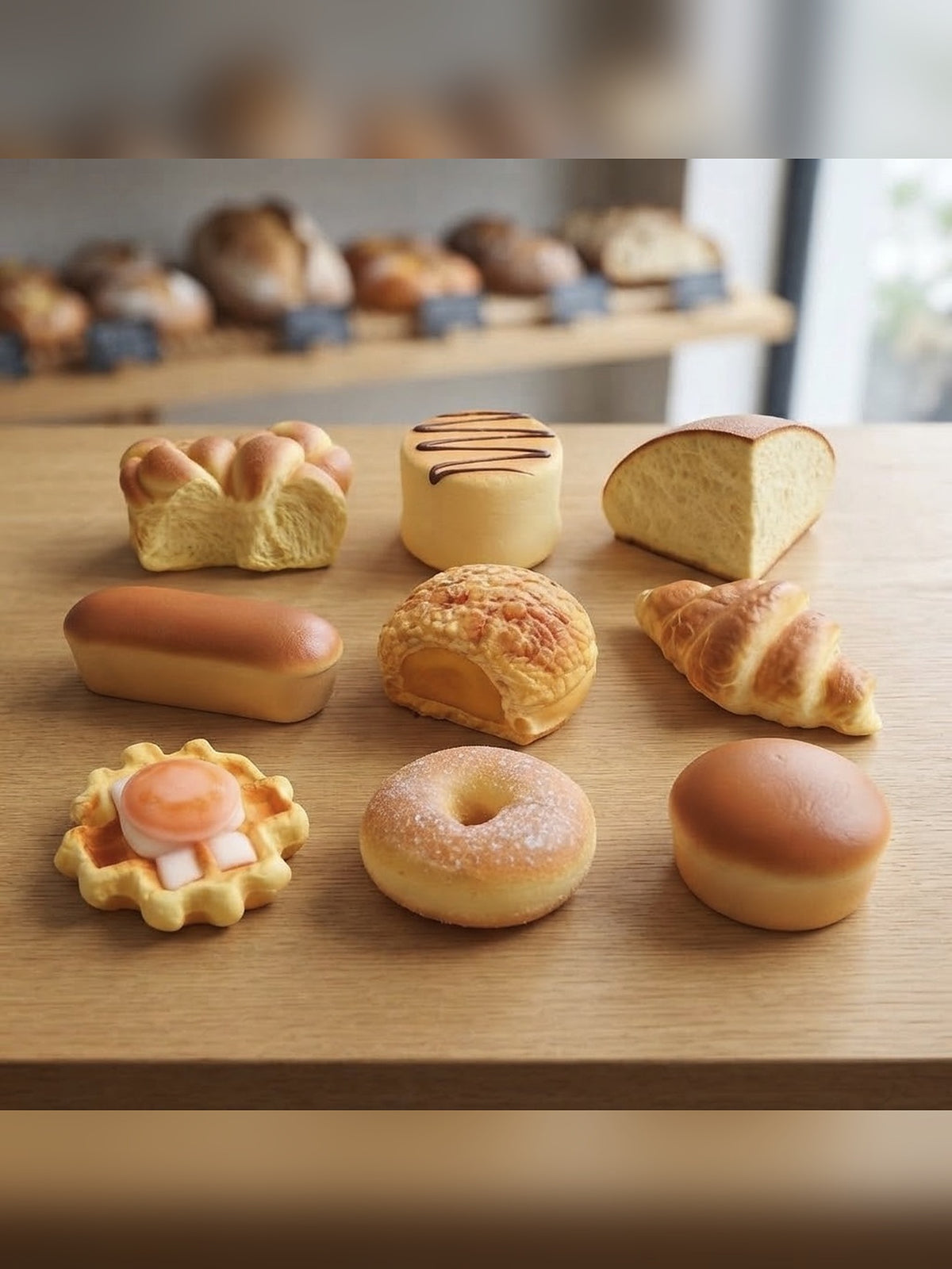 9-Piece Bread Squishy Bundle Lot - Croissant, Waffle, Donut, Hot Dog Bun & More