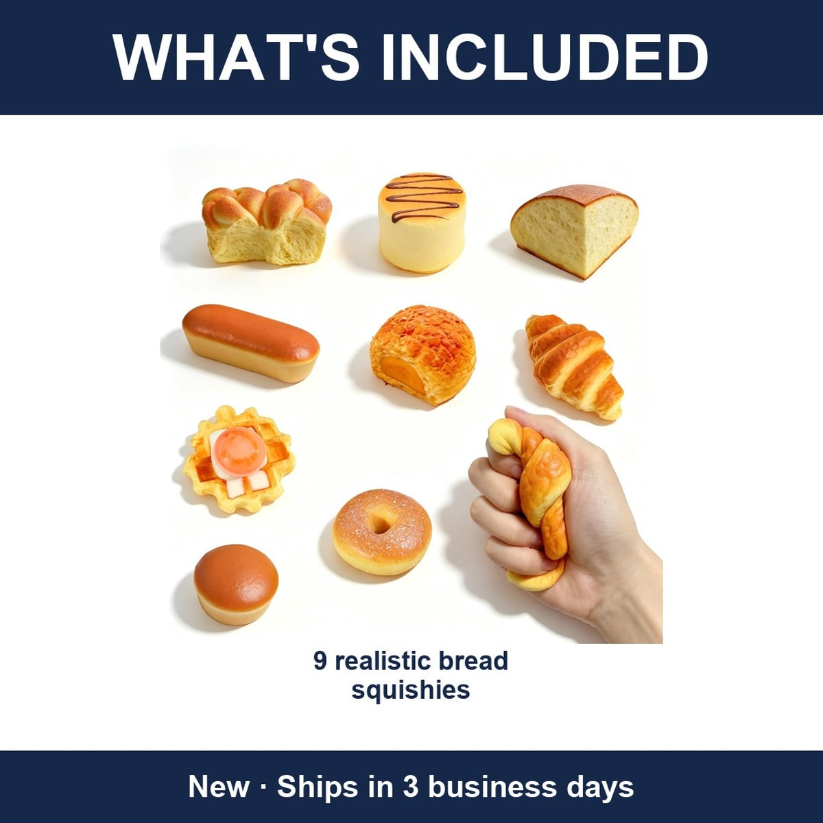 9-Piece Bread Squishy Bundle Lot - Croissant, Waffle, Donut, Hot Dog Bun & More