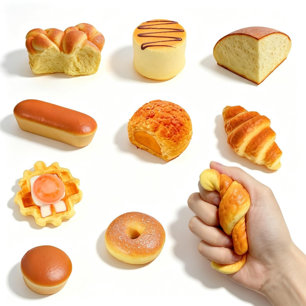 9-Piece Bread Squishy Bundle Lot - Croissant, Waffle, Donut, Hot Dog Bun & More