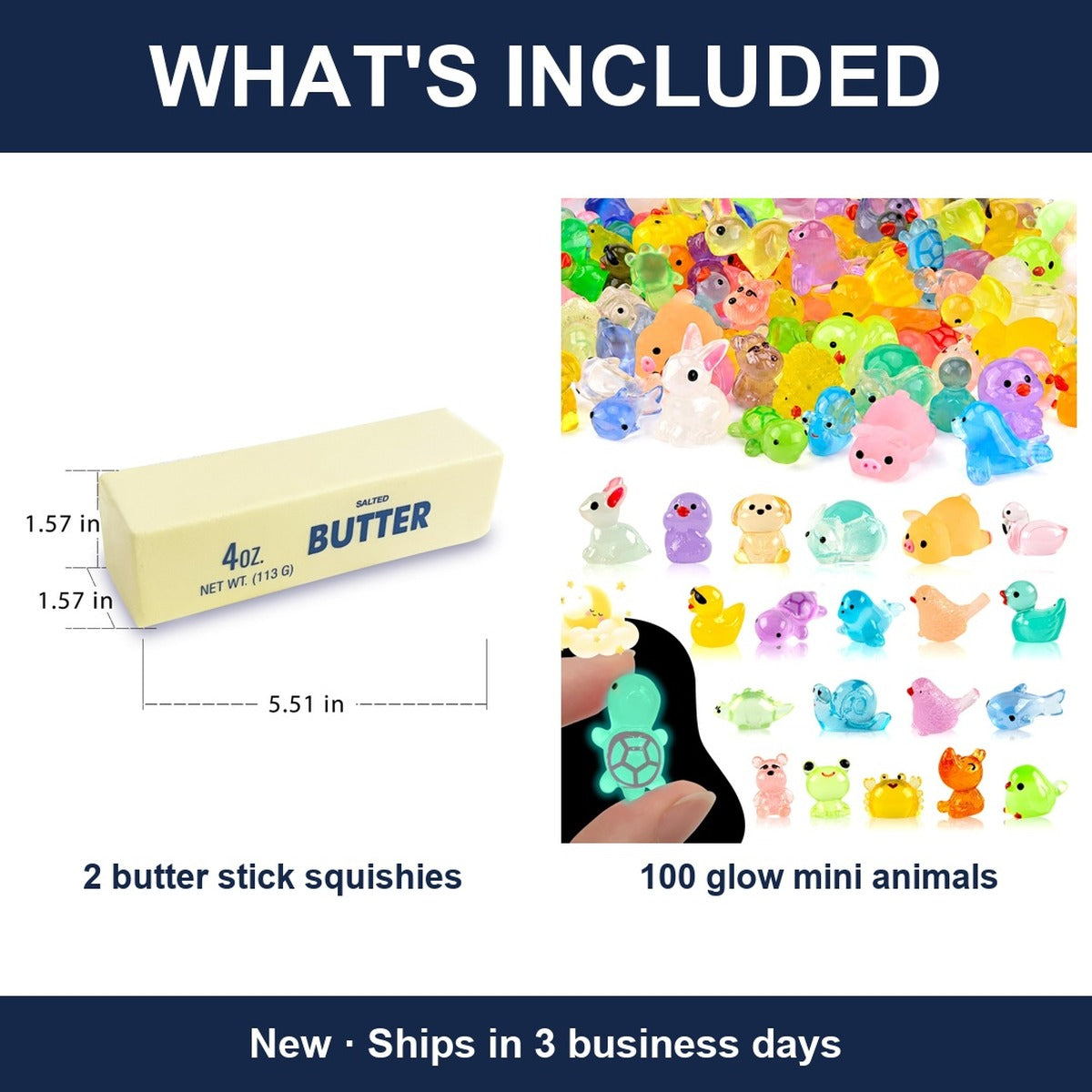 102-Piece Squishy Bundle Lot - 2 Butter Squishies + 100 Glow Mini Animals