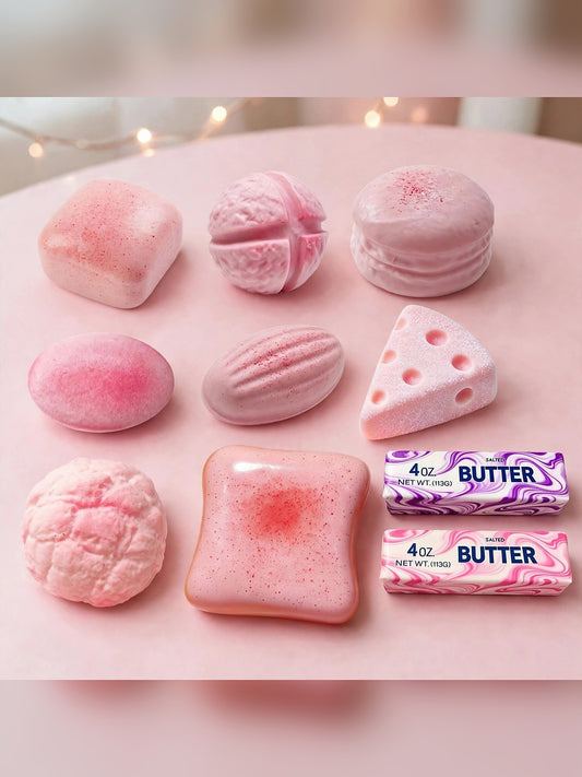 10-Piece Pink Bakery Squishy Bundle Lot - 8 Pink Breads + 2 Butter Squishies