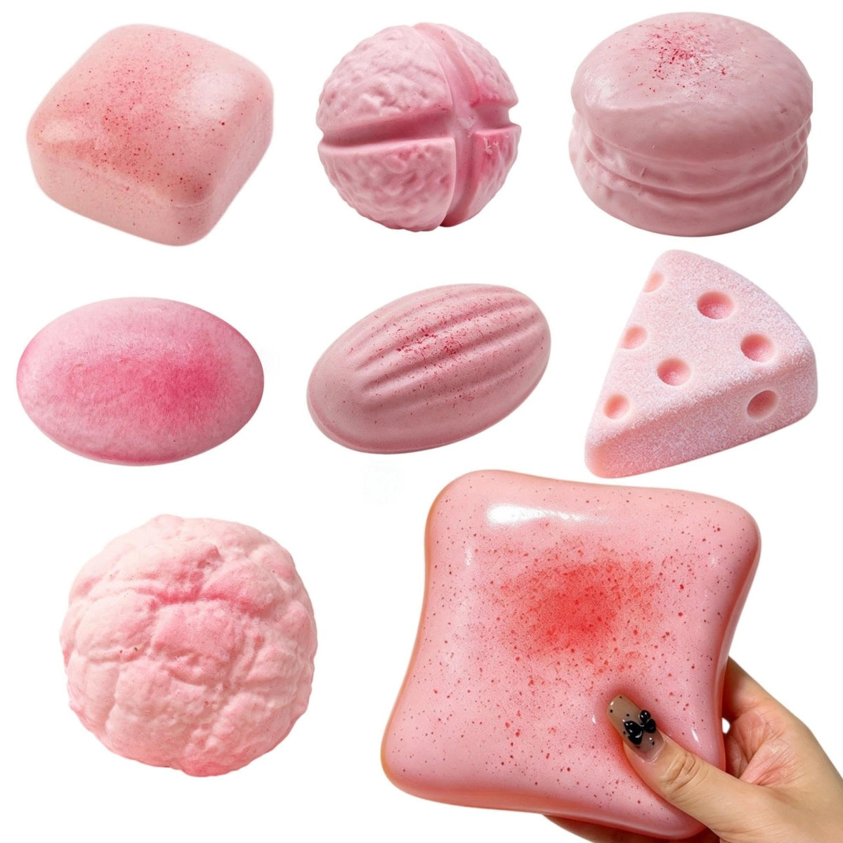 10-Piece Pink Bakery Squishy Bundle Lot - 8 Pink Breads + 2 Butter Squishies