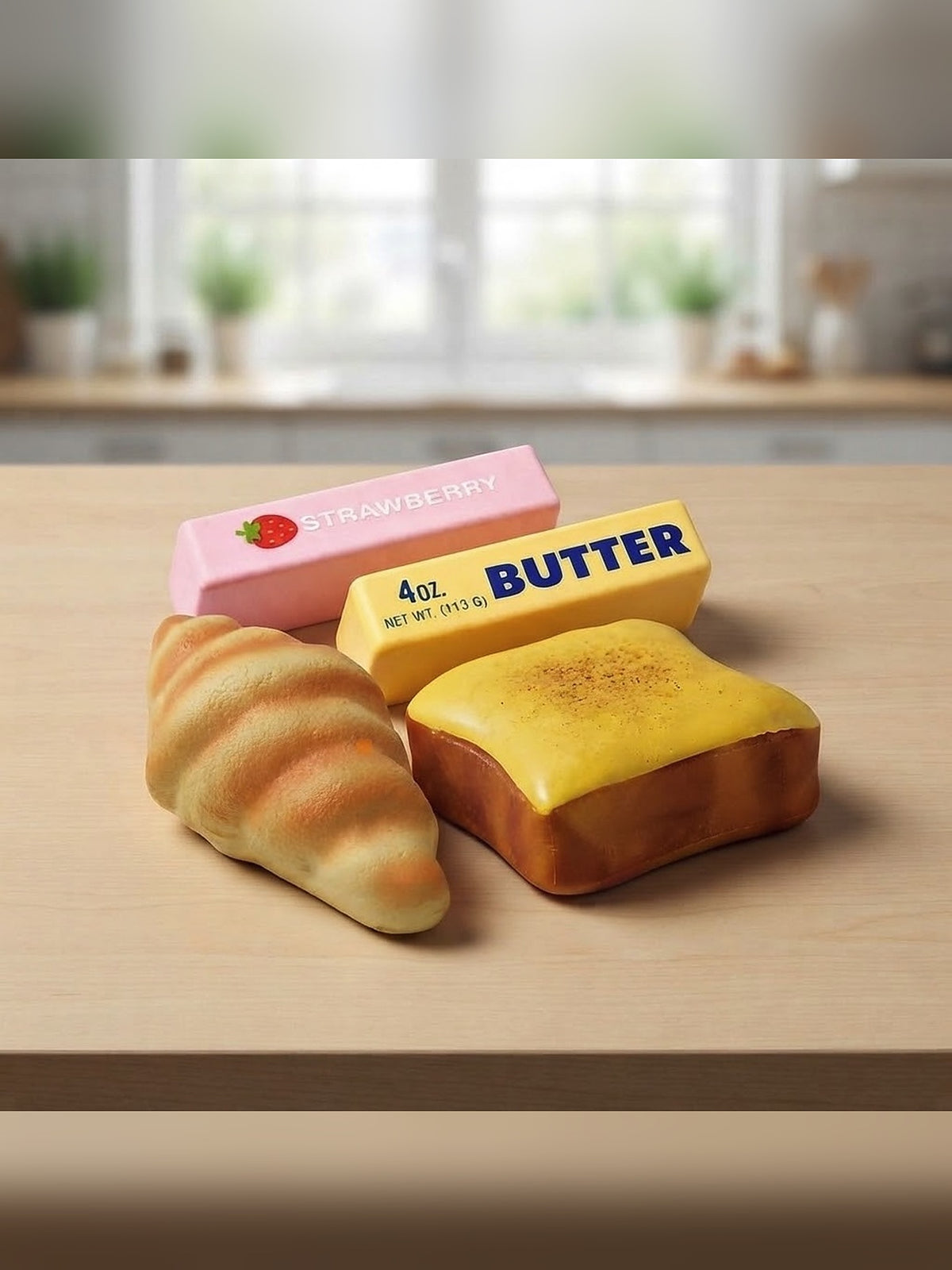 4-Piece Butter & Toast Squishy Bundle Lot - 2 Butter Sticks, Toast + Croissant