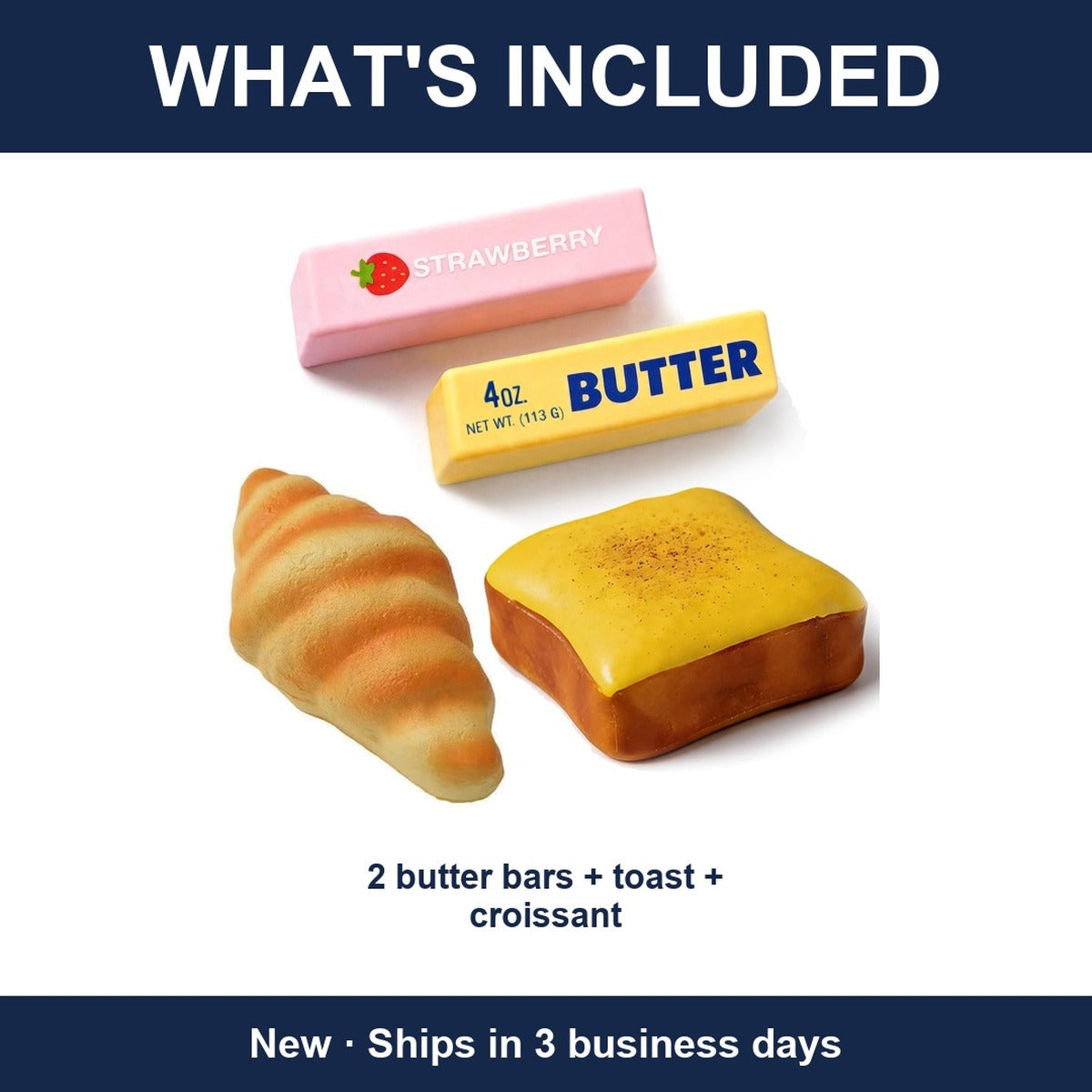 4-Piece Butter & Toast Squishy Bundle Lot - 2 Butter Sticks, Toast + Croissant
