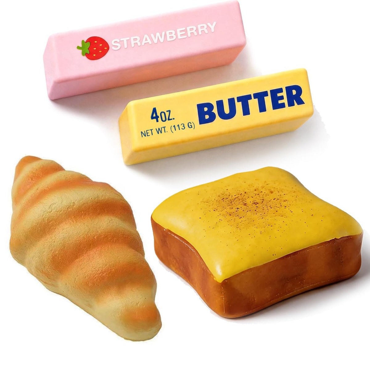4-Piece Butter & Toast Squishy Bundle Lot - 2 Butter Sticks, Toast + Croissant