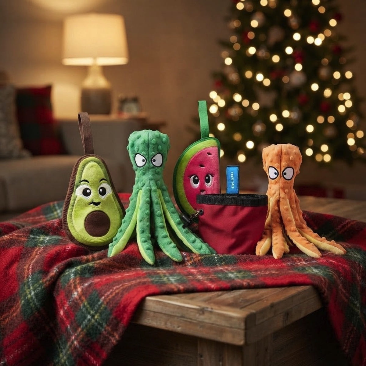 Dog Toy Gift Set 2 Plush Avocado + Watermelon, 2 Crinkle Octopus + Chuckit Pouch
