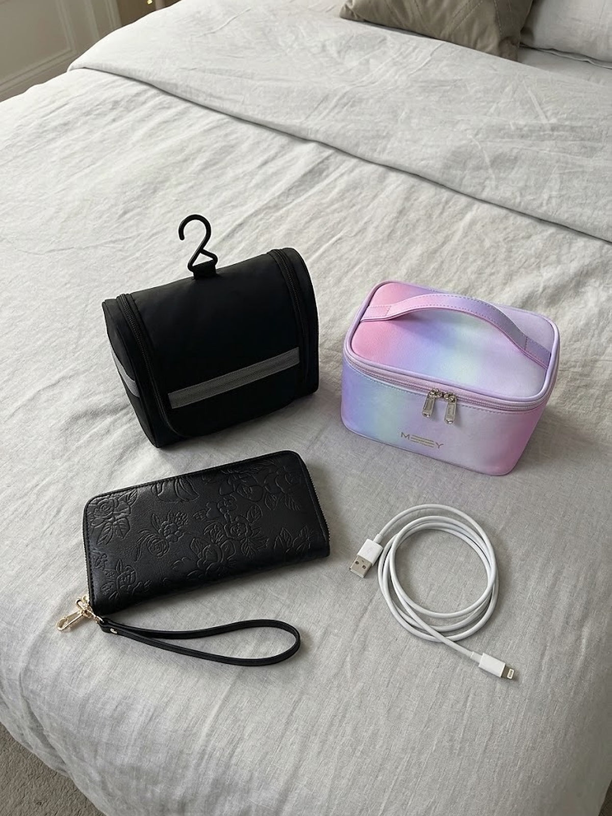 Travel Gift Set for Her Black RFID Wristlet Wallet + Toiletry Bag + Pink Pouch