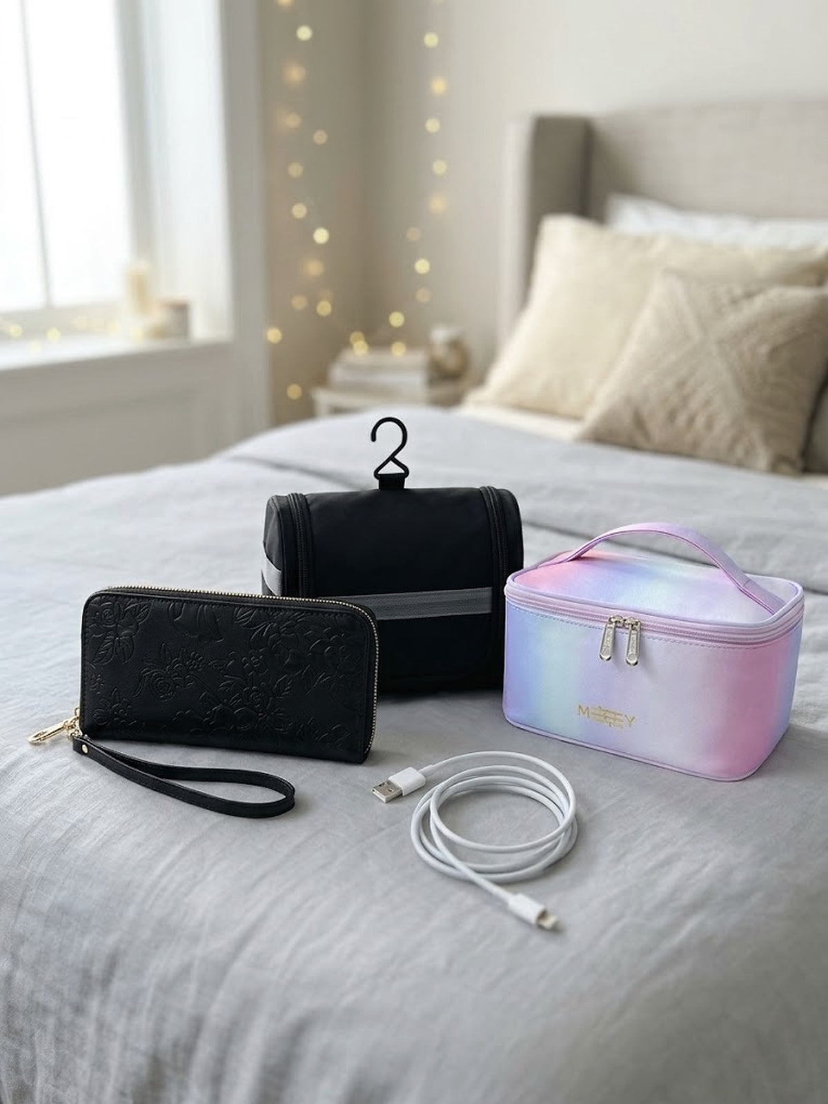 Travel Gift Set for Her Black RFID Wristlet Wallet + Toiletry Bag + Pink Pouch
