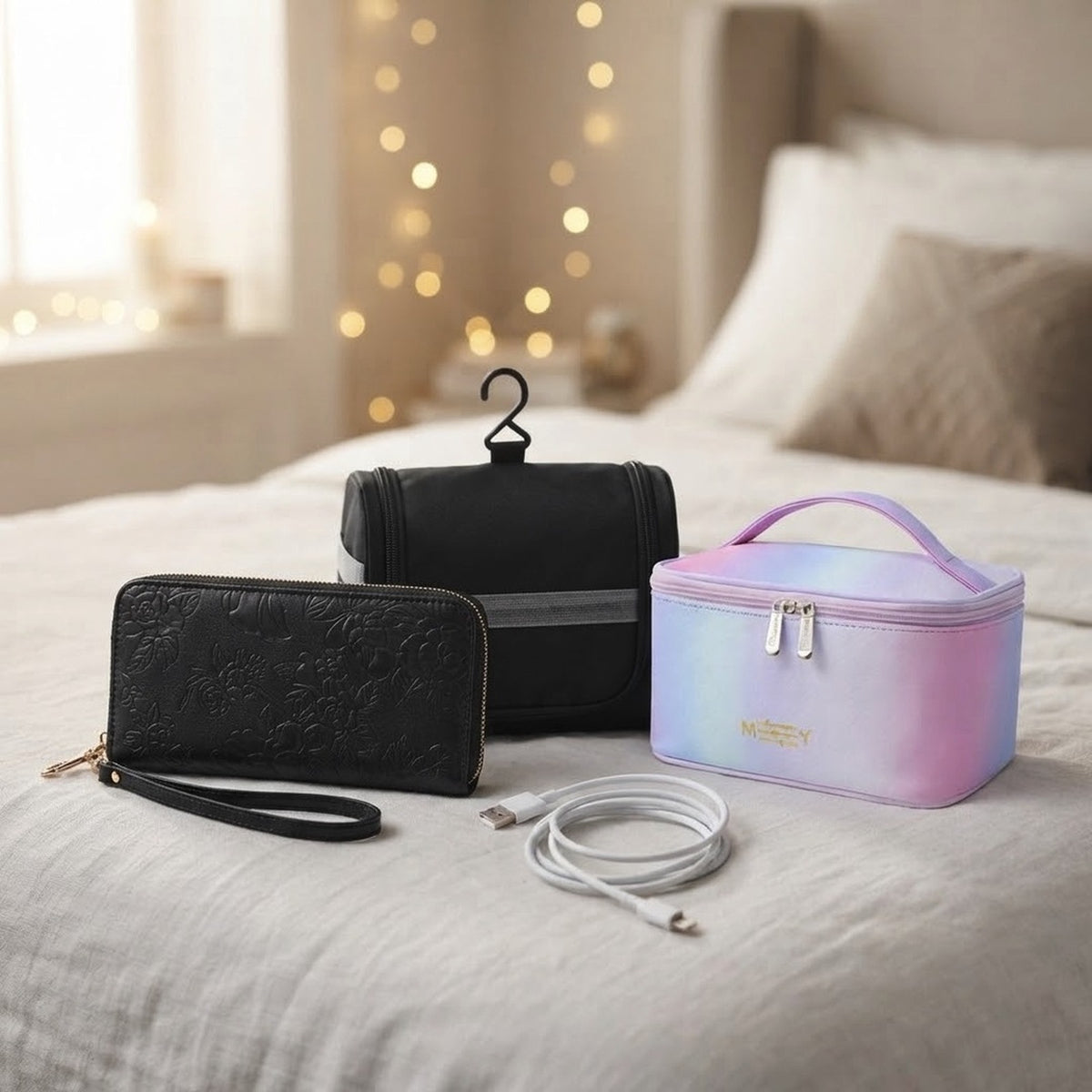 Travel Gift Set for Her Black RFID Wristlet Wallet + Toiletry Bag + Pink Pouch