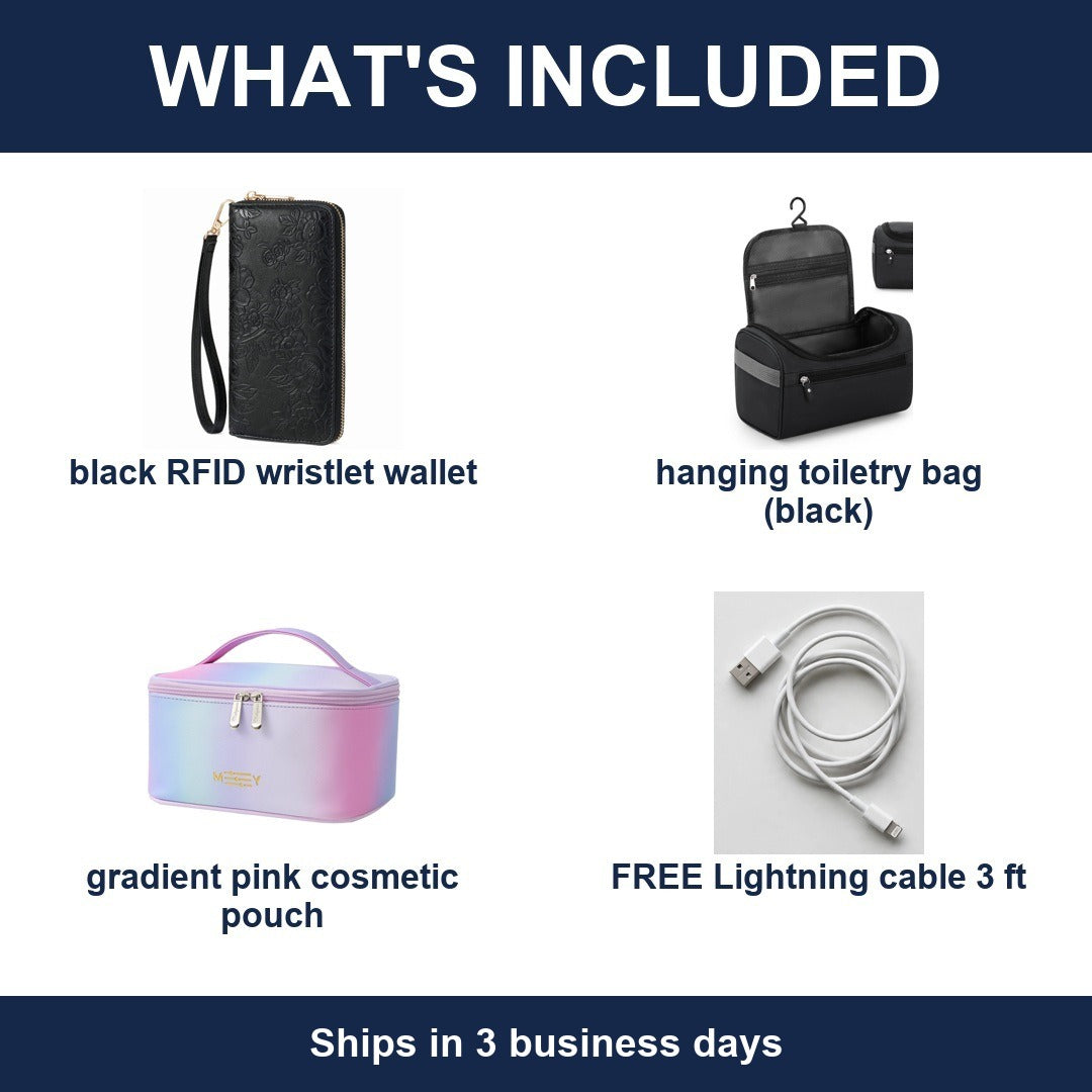 Travel Gift Set for Her Black RFID Wristlet Wallet + Toiletry Bag + Pink Pouch