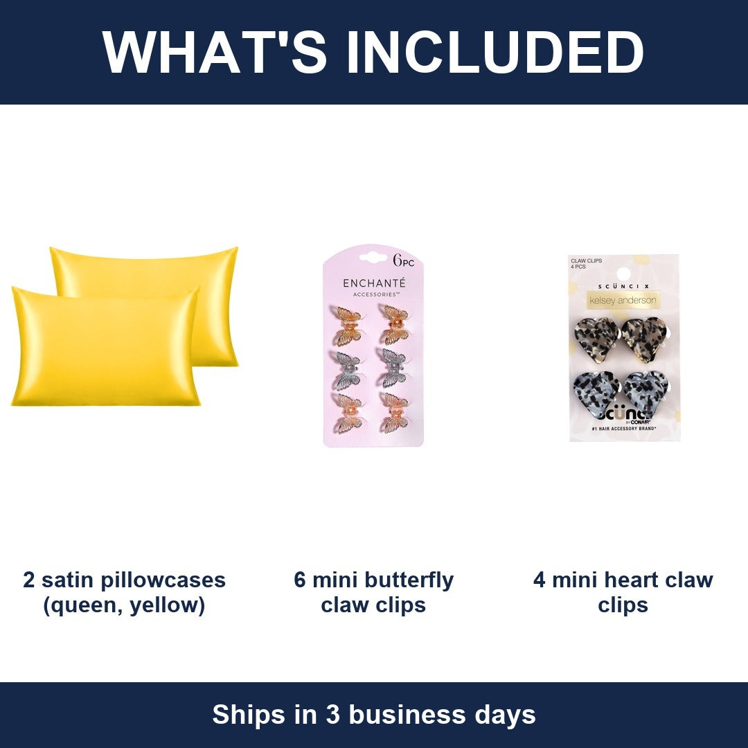 Satin Sleep & Hair Gift Set Queen Satin Pillowcases 2 Pack + 10 Mini Claw Clips