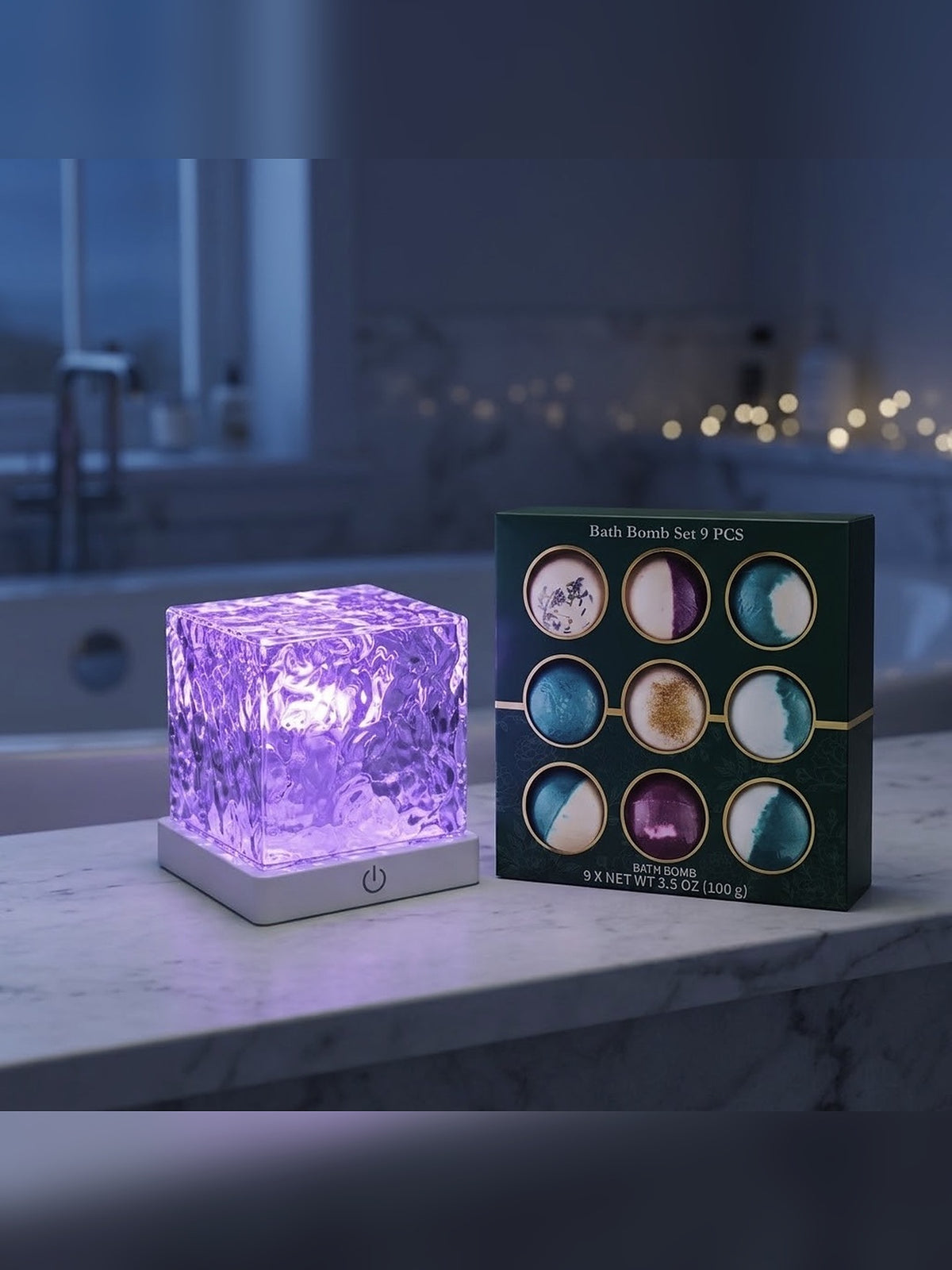 10-Piece Spa Night Bundle Lot - Ocean Wave Shower Light + 9 Bath Bombs 100g