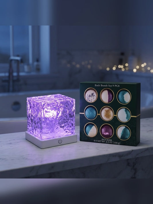 10-Piece Spa Night Bundle Lot - Ocean Wave Shower Light + 9 Bath Bombs 100g