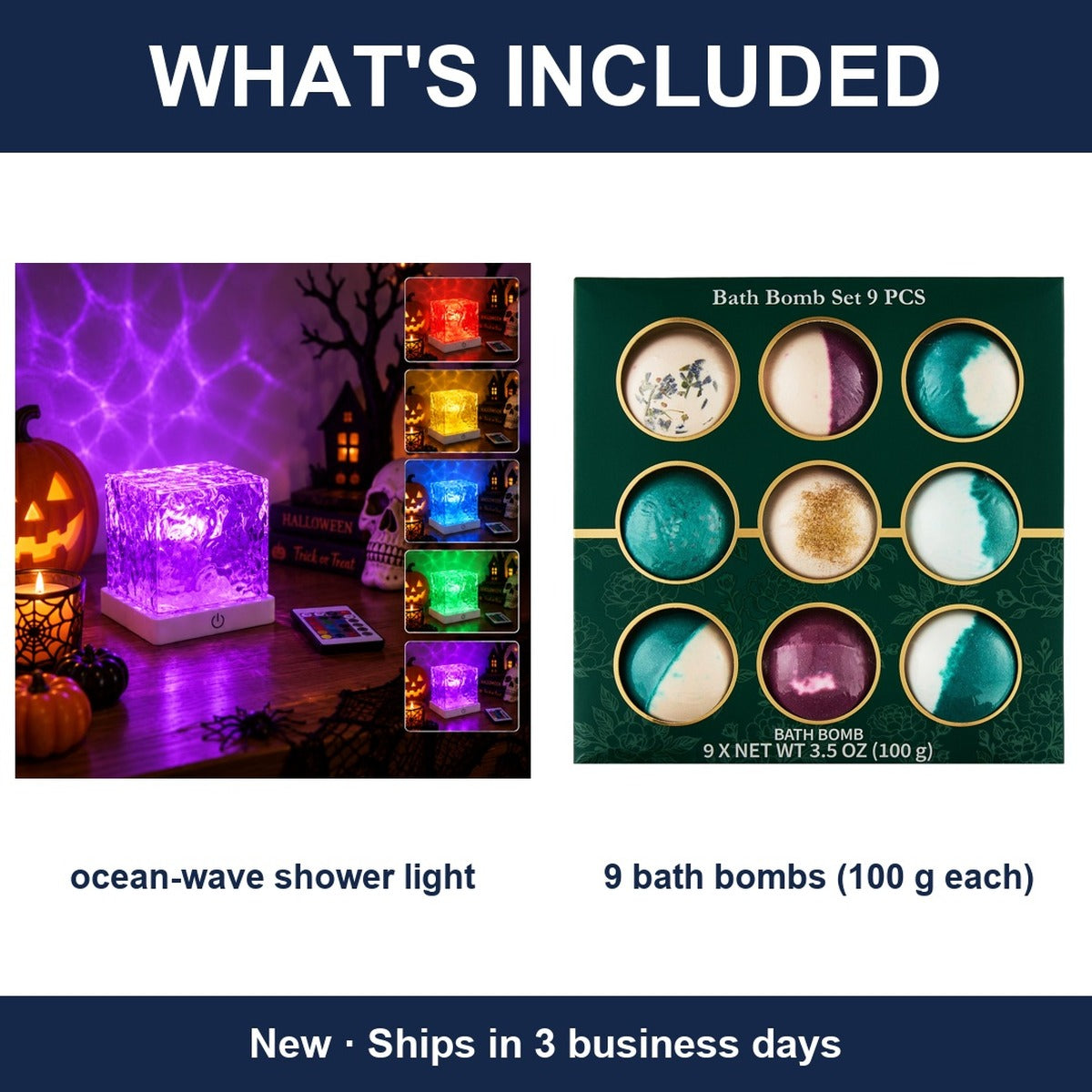 10-Piece Spa Night Bundle Lot - Ocean Wave Shower Light + 9 Bath Bombs 100g