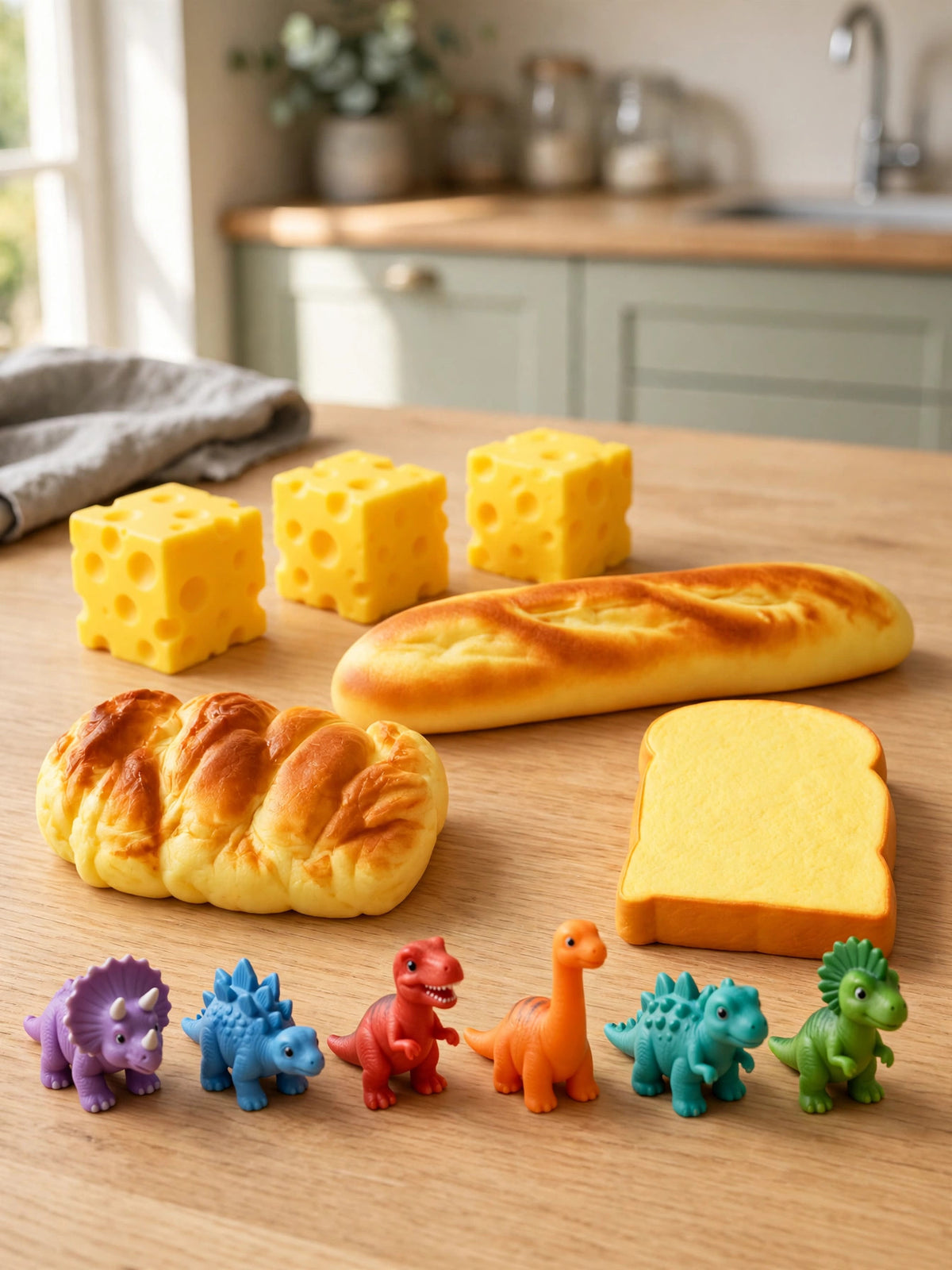 12-Piece Squishy Mystery Box Lot - Cheese, Bread & Dinosaur Squishies