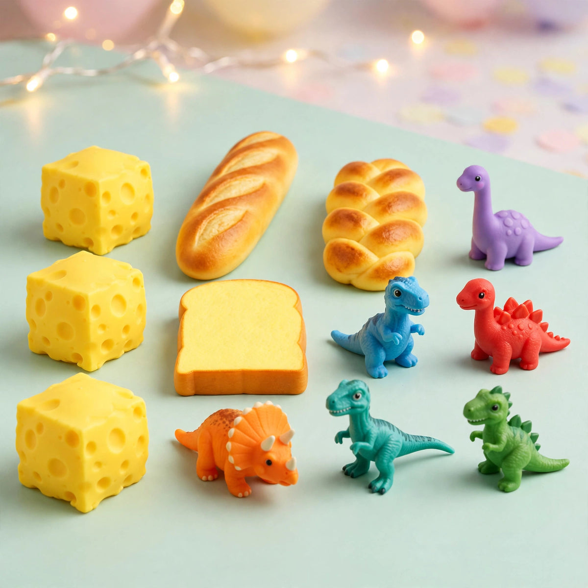 12-Piece Squishy Mystery Box Lot - Cheese, Bread & Dinosaur Squishies