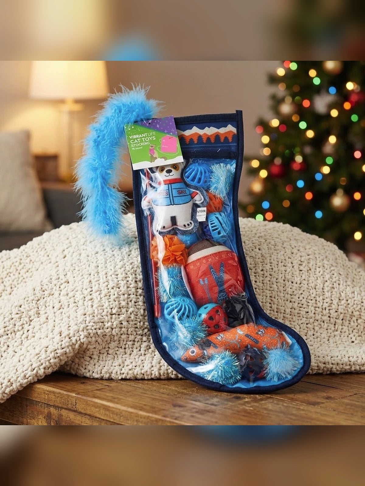 18-Piece Christmas Cat Toy Stocking Bundle Lot - Vibrant Life Holiday, Blue