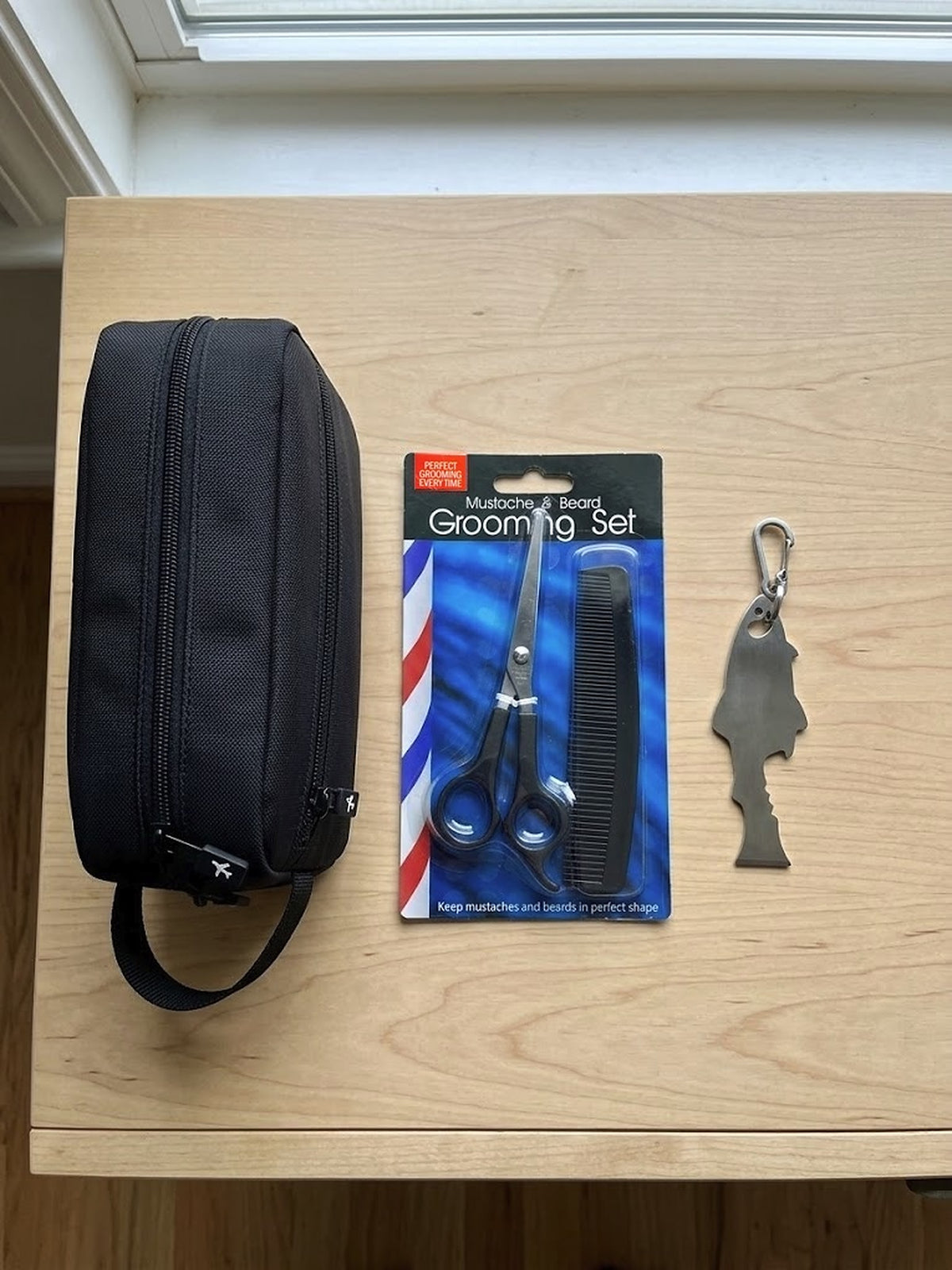 Mens Gift Set Hanging Toiletry Bag + Beard Scissors Comb Set + Nite Ize FishKey