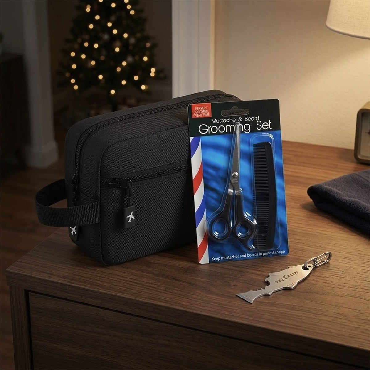 Mens Gift Set Hanging Toiletry Bag + Beard Scissors Comb Set + Nite Ize FishKey