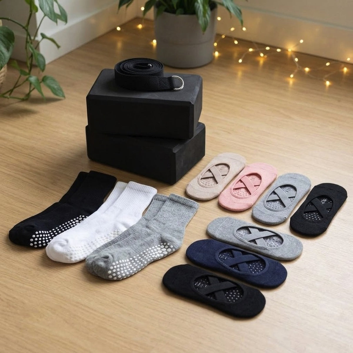 Yoga Pilates Gift Set 2 Yoga Blocks + 6 ft Strap + 11 Pairs Grip Socks Women 5-8