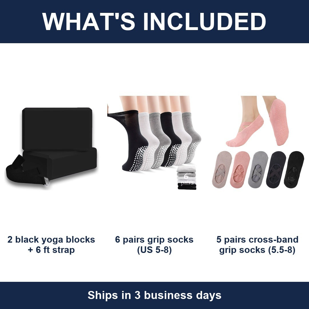 Yoga Pilates Gift Set 2 Yoga Blocks + 6 ft Strap + 11 Pairs Grip Socks Women 5-8