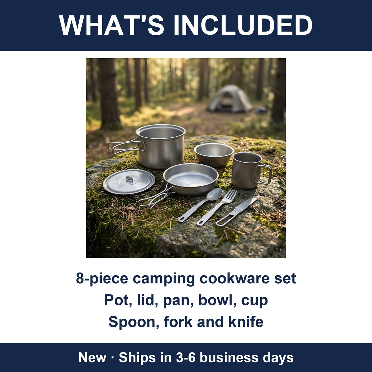 8-Piece Camping Cookware Set - Backpacking Pot, Pan, Bowl, Cup, Utensils