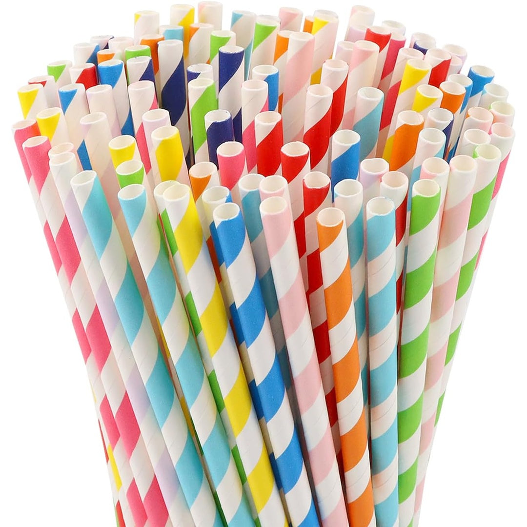 100-Pack Rainbow Striped Paper Straws, 10 Assorted Colors, Biodegradable Drinking Straws