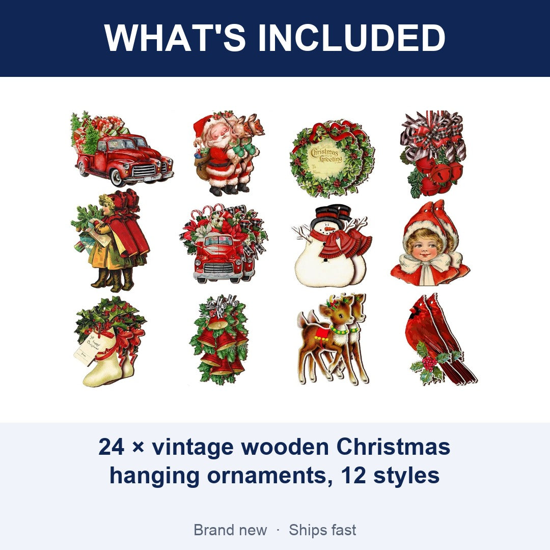 24-Piece Vintage Wooden Christmas Hanging Ornaments, 12 Styles