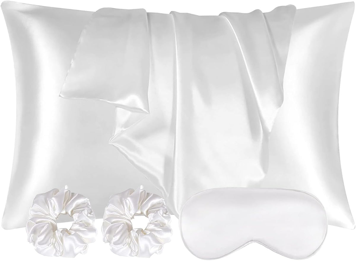 Satin Pillowcase 2 Pack + Satin Eye Mask + Scrunchies + Bed Sheet Holders 4 Pc