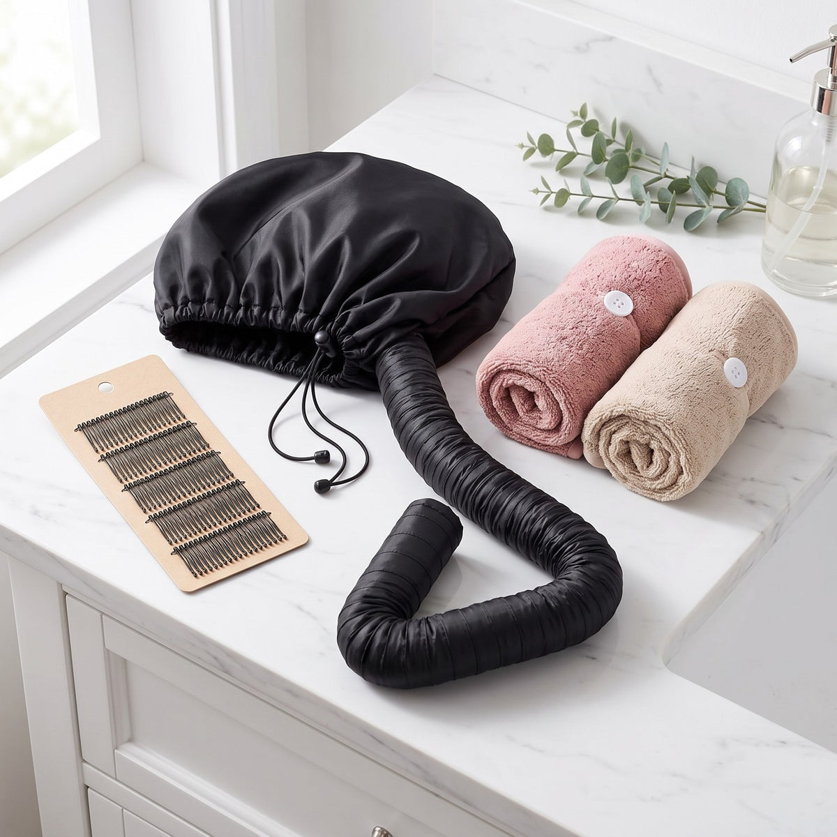 Hair Drying Bonnet Attachment + 50 Bobby Pins + 2 Microfiber Hair Towel Wraps