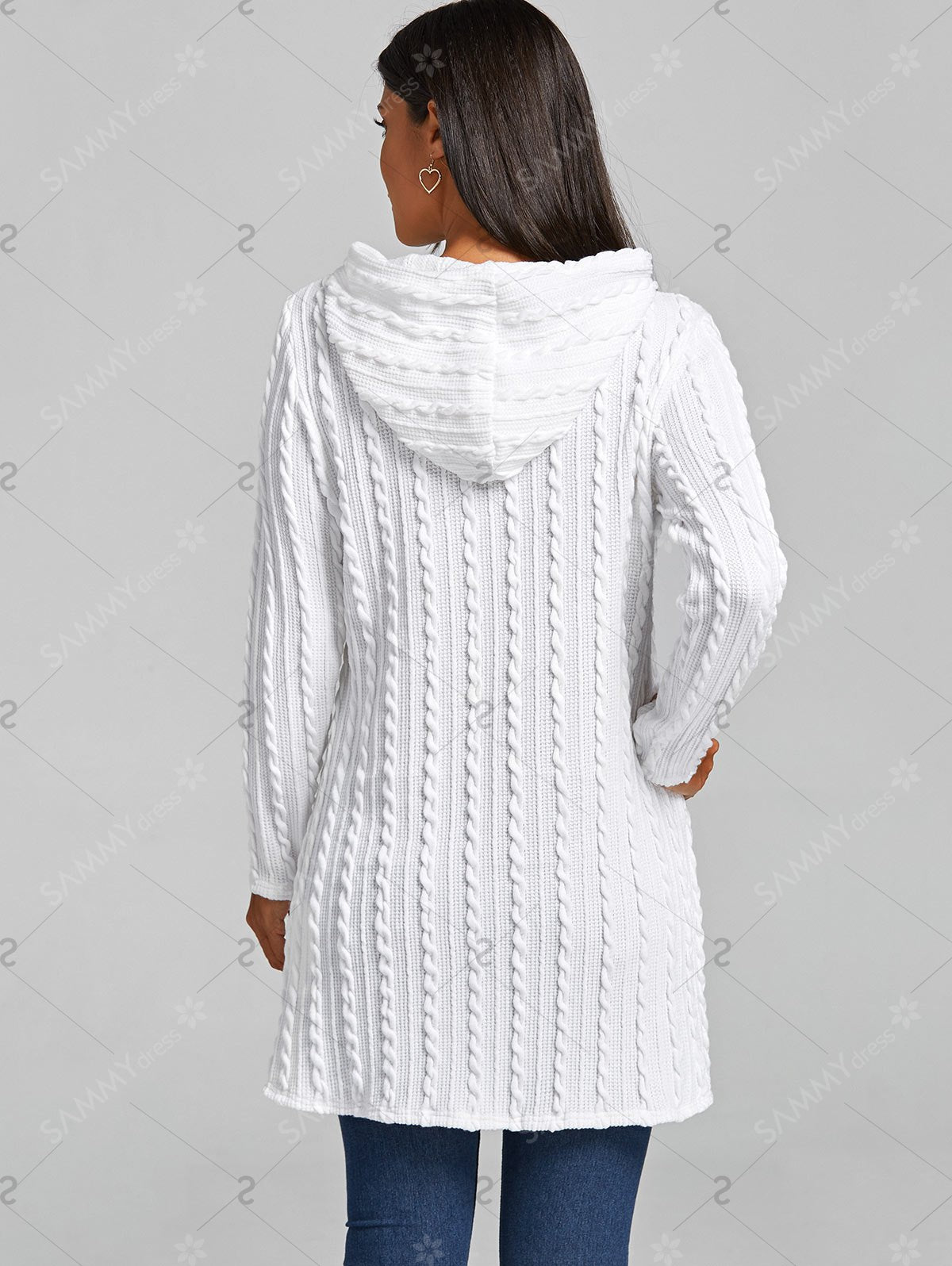 Hooded Sweater Cable Knitted Tunic White M, L, XL, 2XL