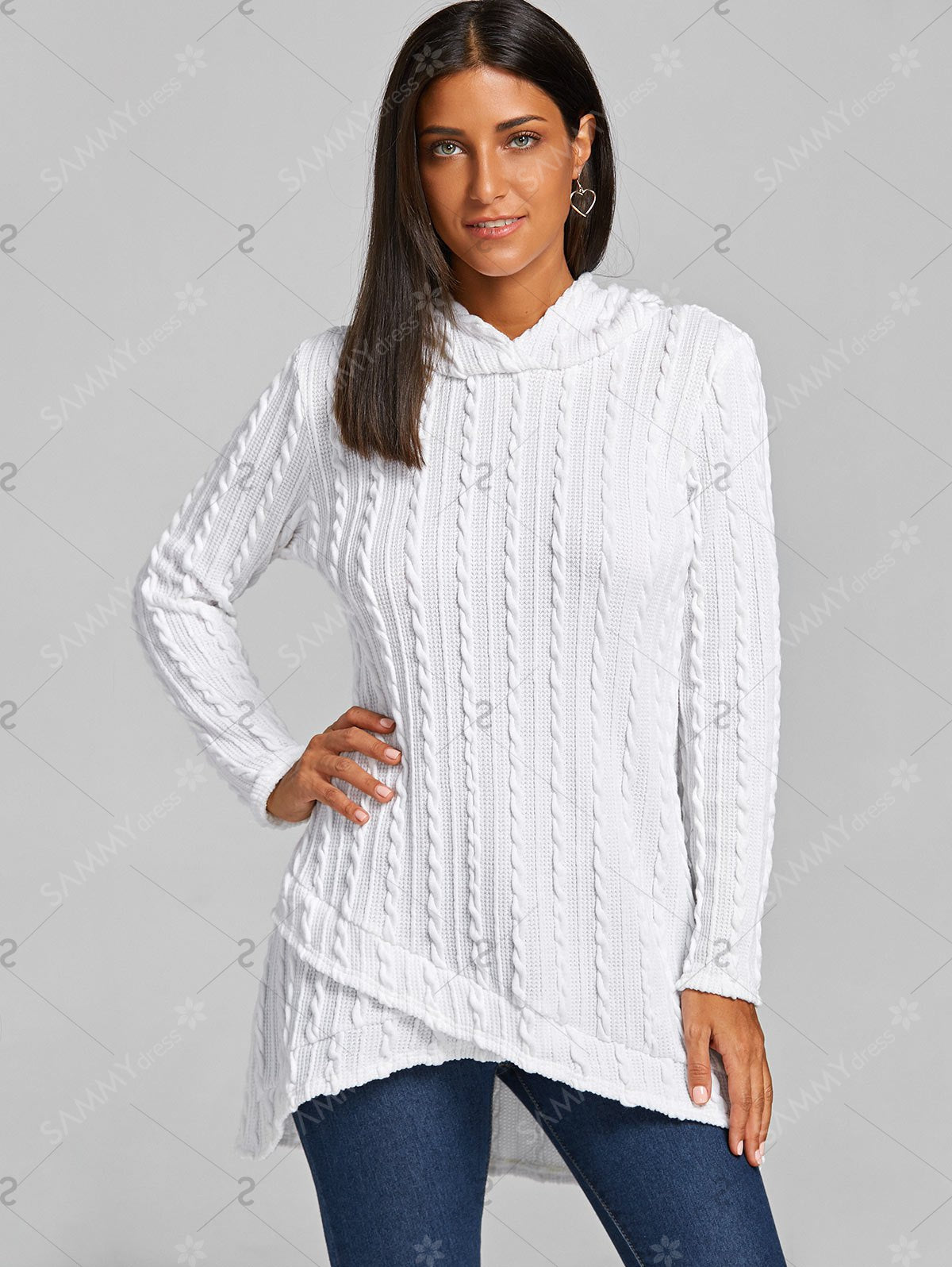 Hooded Sweater Cable Knitted Tunic White M, L, XL, 2XL