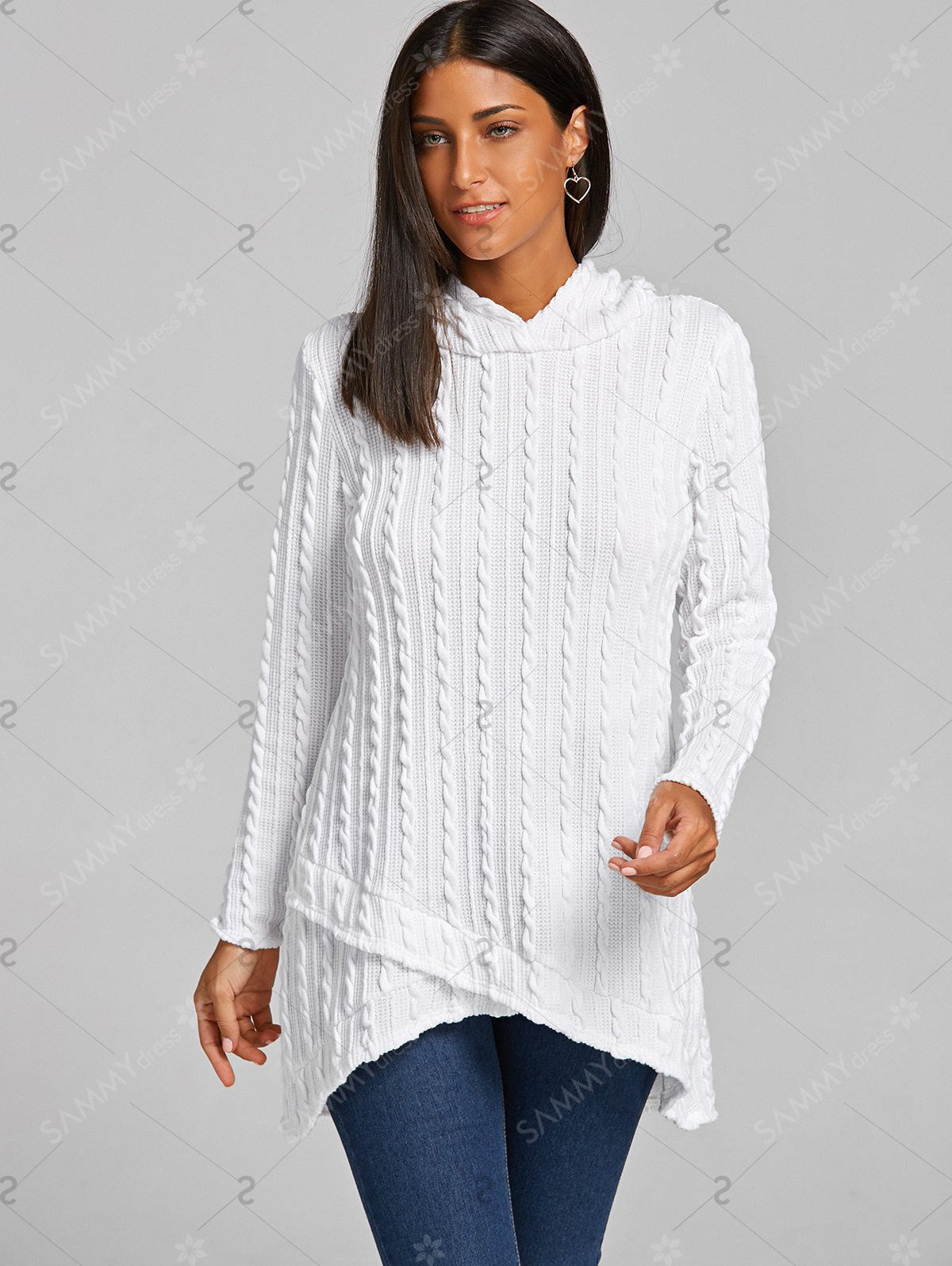 Hooded Sweater Cable Knitted Tunic White M, L, XL, 2XL