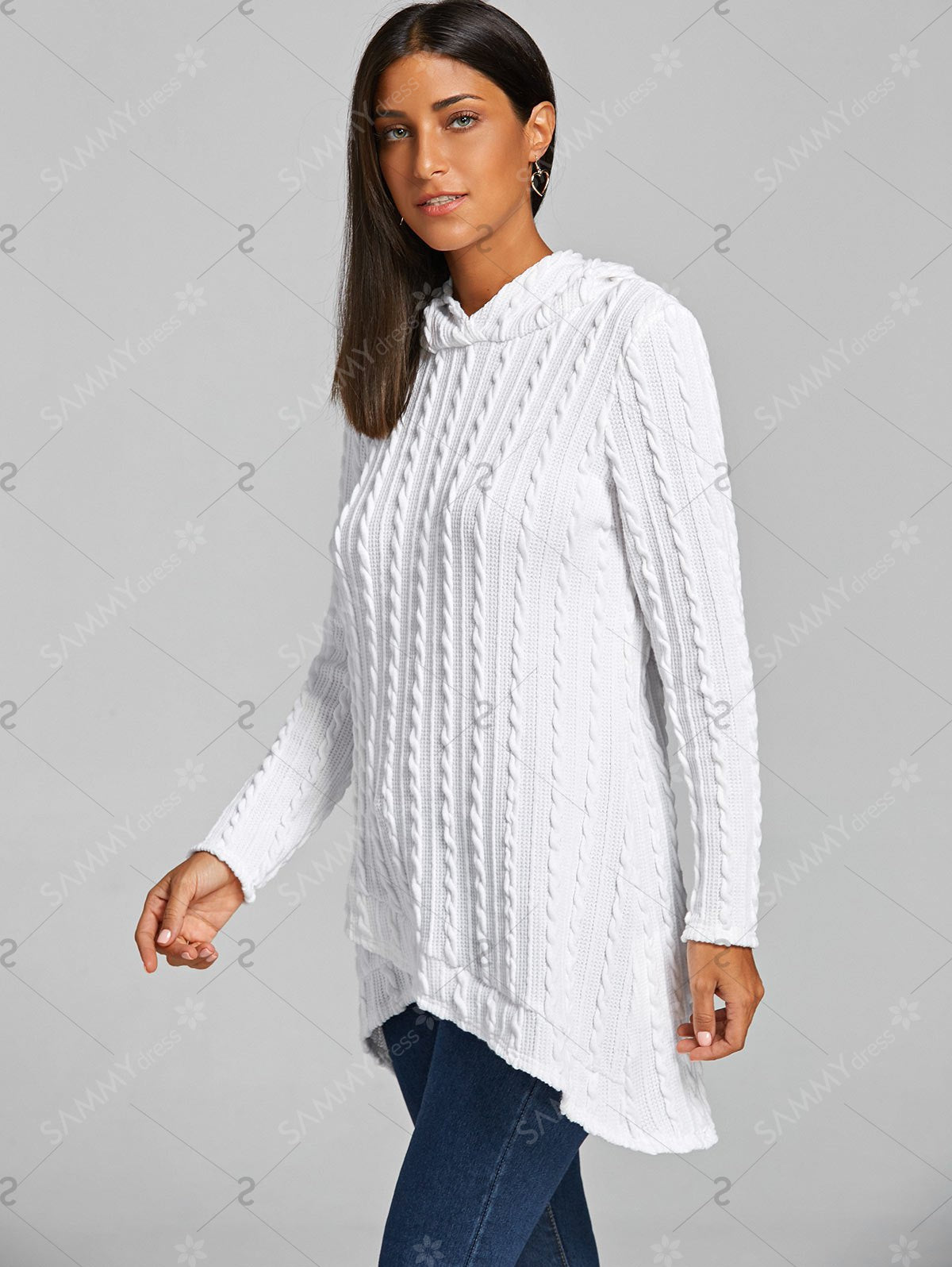 Hooded Sweater Cable Knitted Tunic White M, L, XL, 2XL