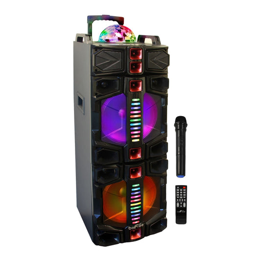 beFree Sound Dual 12-Inch Subwoofer Portable Bluetooth Party Speaker with LED Lights and Wireless Microphone